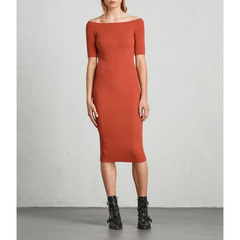 ALLSAINTS red Lavine Bandeau Off Shoulder Ribbed Knit Bodycon Midi Dress medium
